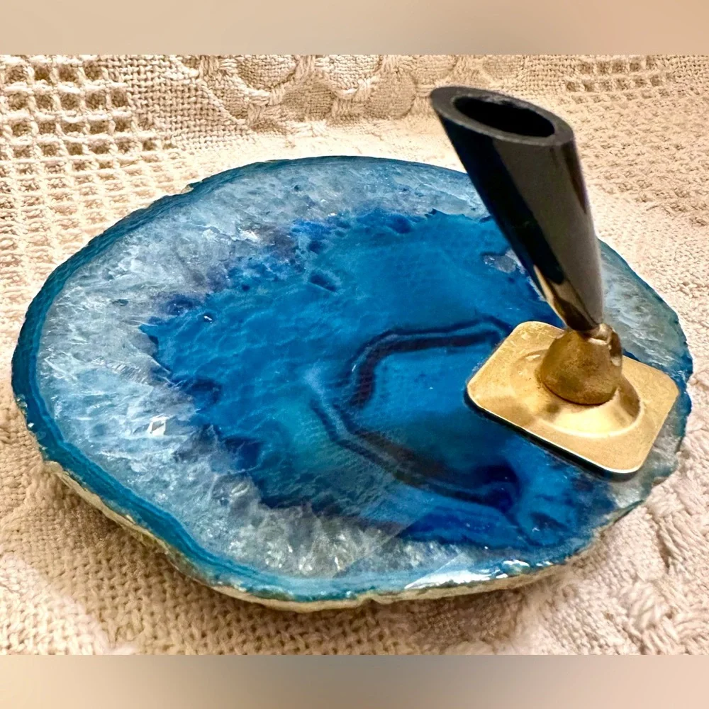 Stunning Blue Agate Slice Pen Holder Polished For Desk